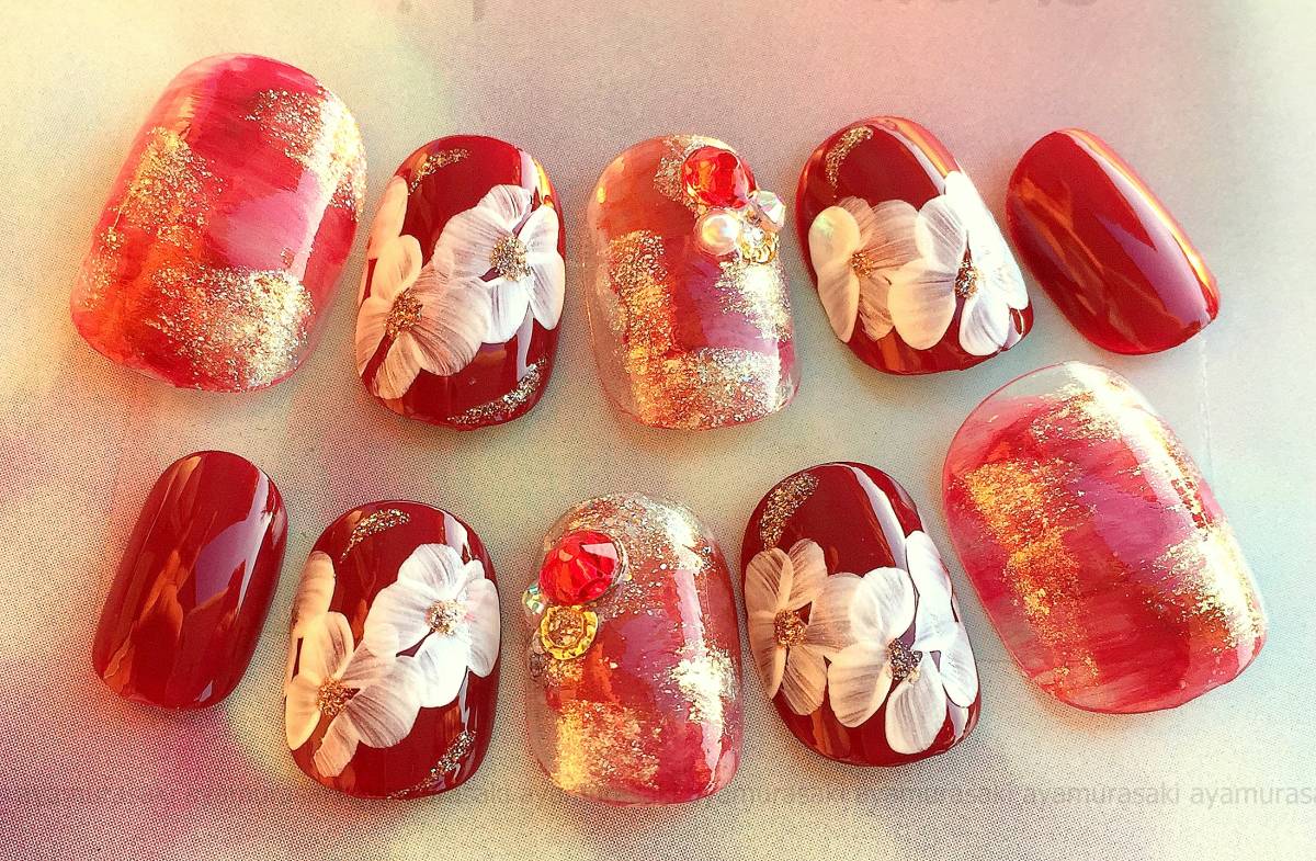 新品 Jm 赤 ななめラインフラワー成人式着物和装にも ネイルアートチップ ハンドメイド ショート ネイル綾紫 の落札情報詳細 ヤフオク落札価格情報 オークフリー スマートフォン版