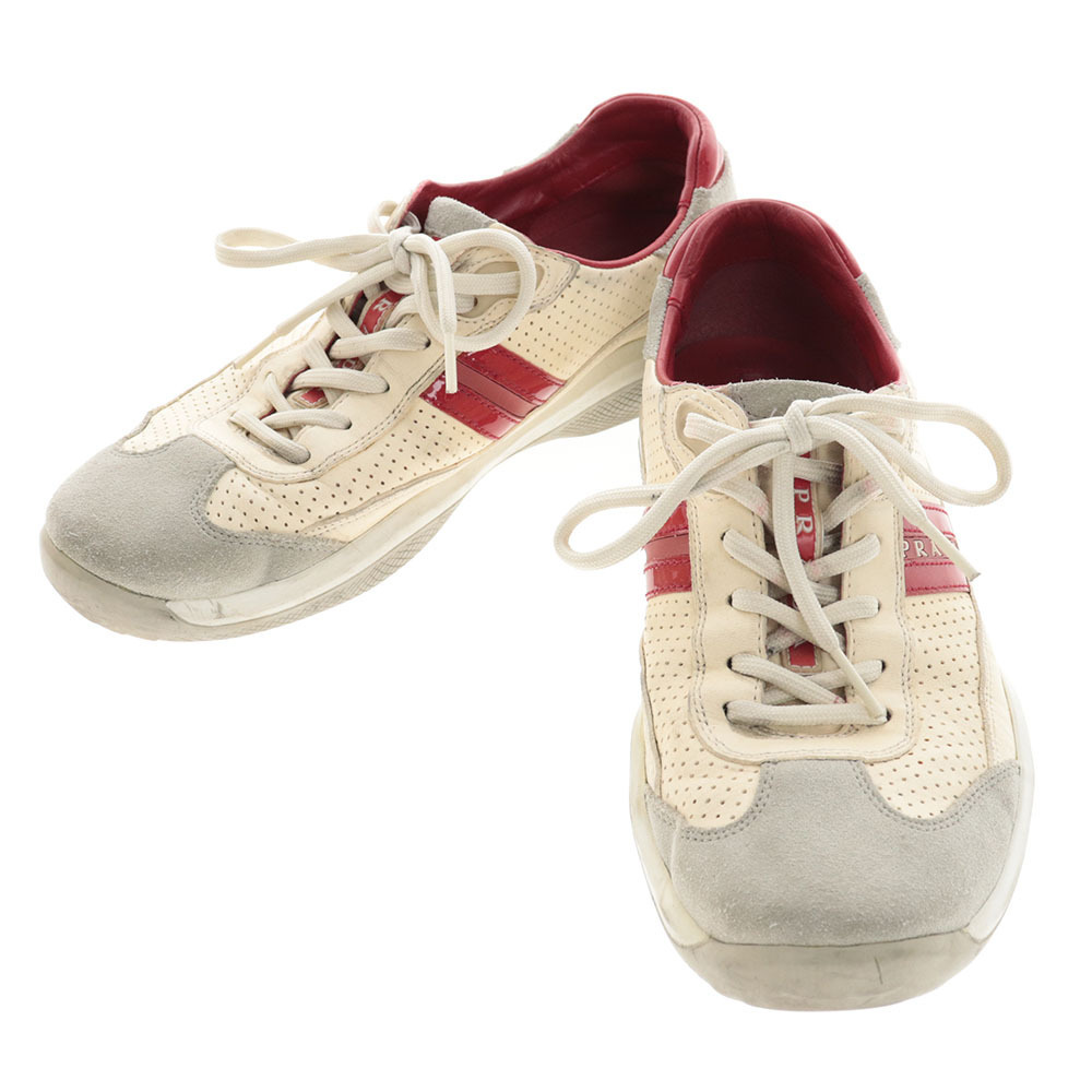 Prada プラダ スニーカー ローカット レザー ロゴ 靴 シューズ メンズ 6 5 ベージュ グレー レッド 中古 の落札情報詳細 ヤフオク落札価格情報 オークフリー スマートフォン版