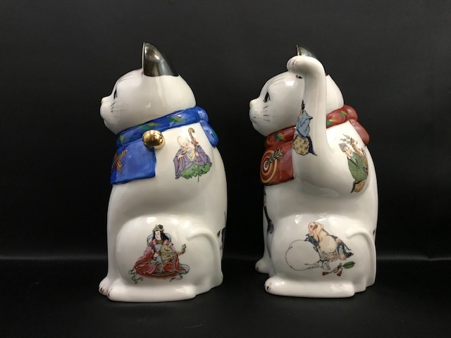 中国 古美術 七宝焼 猫の置物 ⭐︎MAX価格 招き猫 置物 貯金箱 陶器 高さ18.5cm 金運 合格 商売繁盛 昭和レトロ