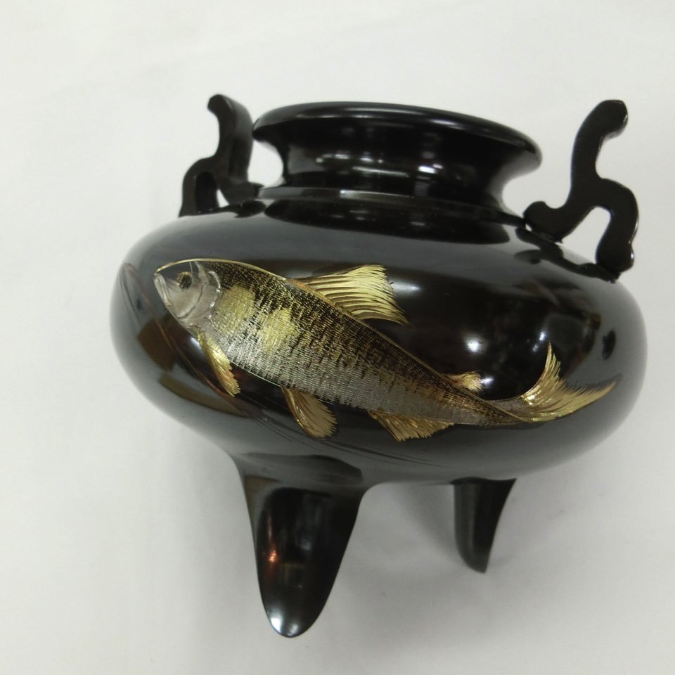 H-2882】未使用 銅器 青銅製 香炉 瑞峰作 鮎 あゆ アユ 川魚 茶道具 共 