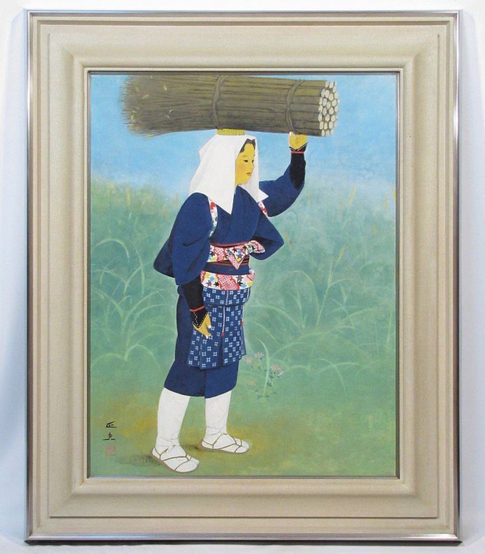 京都画壇⭐︎海老名正夫「大原女」日本画８号 海老名正夫 「秋韻 大原女(共シール)」 額装15号 画家の柔和な眼差し
