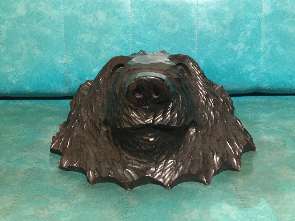 送料込み 熊 木彫り 顔 サイトウ作 作者名入り 壁掛け 約30cm 約2kg