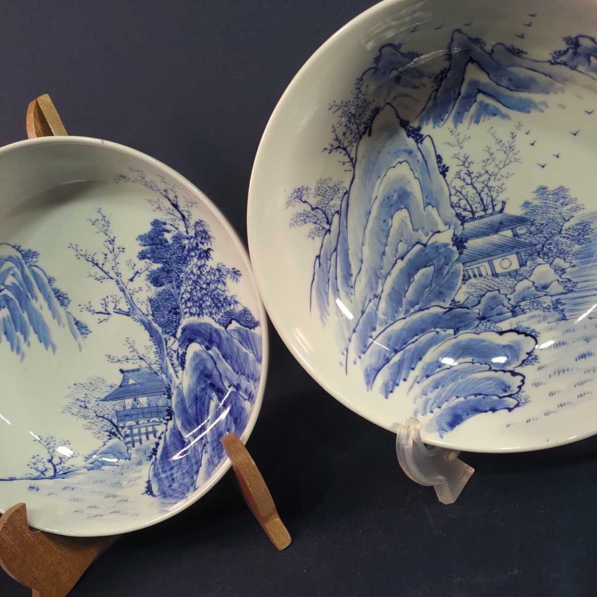 橋田与三郎 「赤絵九谷六角酒盃弐客」 金彩 赤絵 松と人物図 六角変形