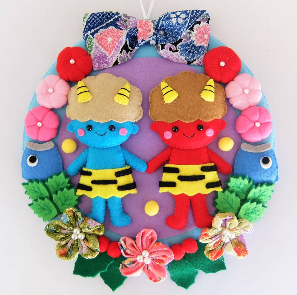 未使用】ハンドメイド☆フェルト☆リース☆節分☆縁起物☆赤鬼☆青鬼
