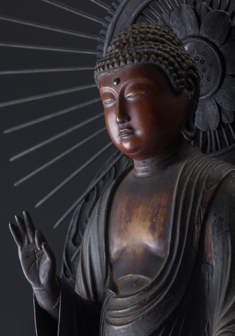 仏教美術 鎌倉時代 古銅製 阿弥陀如来坐像懸仏 掛仏 [QW19わま]