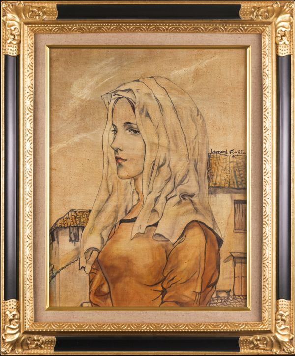 油彩画|少女と猫|藤田嗣治|正面サイン 裏サイン有|落款有|F4号|裏書