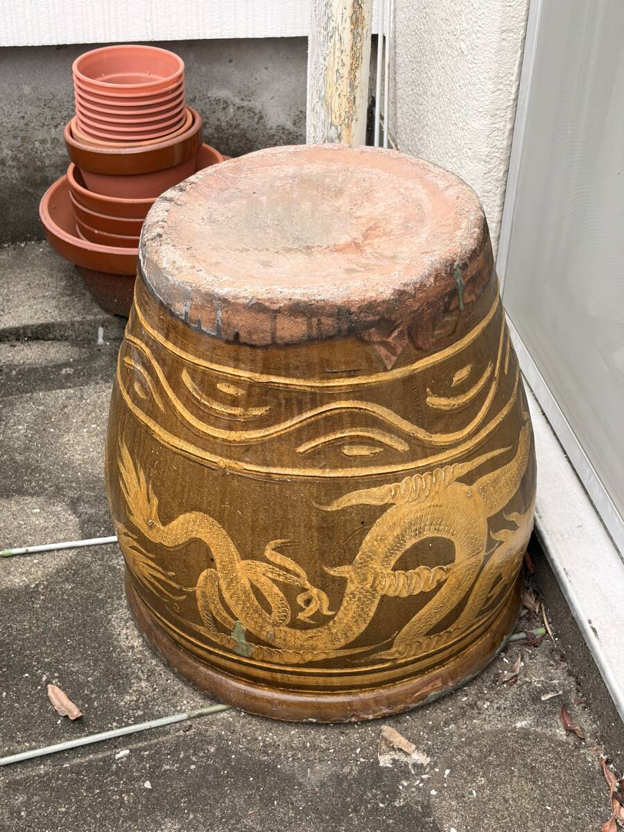 r623] ピータン壺 龍紋 壺 睡蓮鉢 傘立て メダカ鉢 金魚鉢 大壺の落札