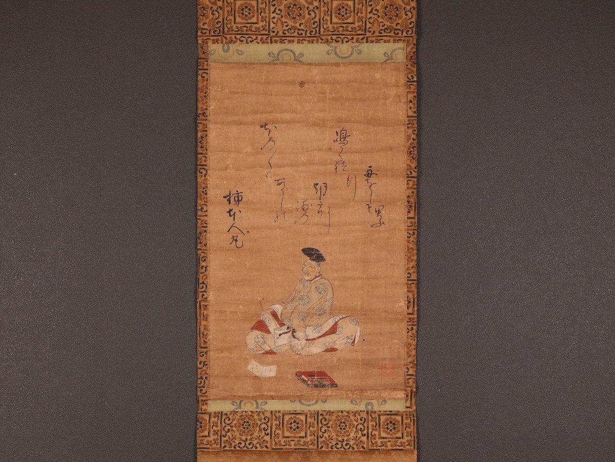 雲】時代 木彫細密彫刻柿本人麻呂像 高さ30cm 古美術品（旧家蔵出