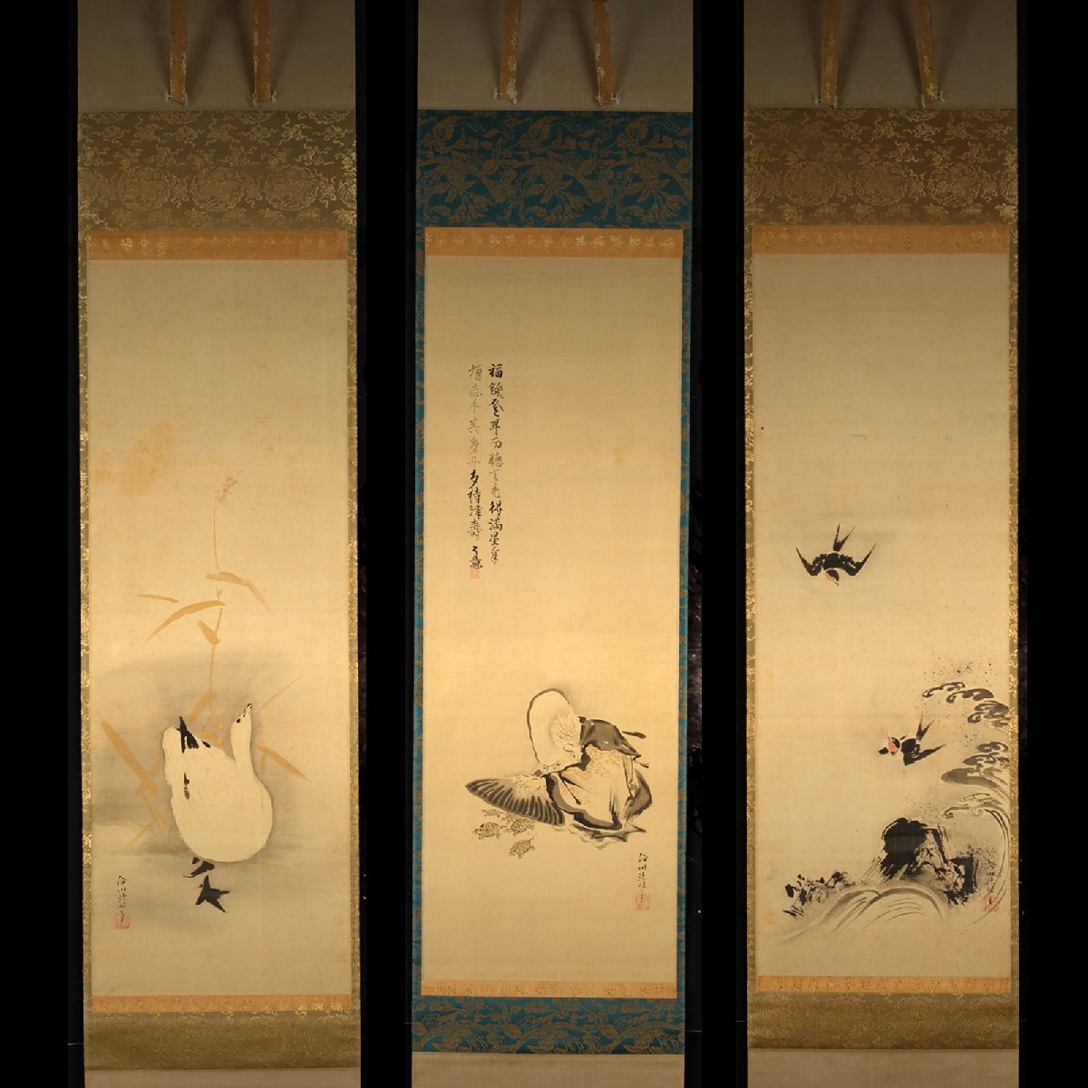 模写】【伝来】M7013〈狩野晴川院養信〉三幅対 春秋富士図 酒井抱祝極