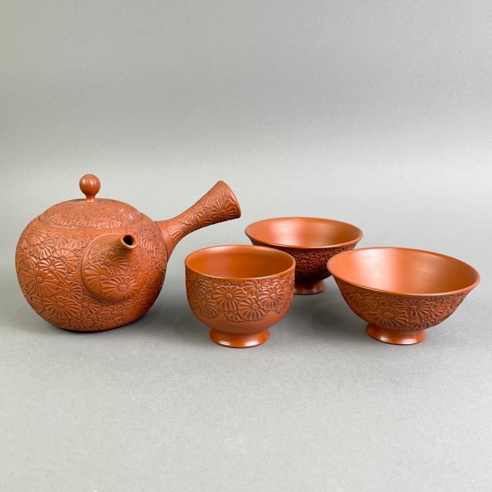 野坂 江月堂 野坂 康起 造 萩焼 煎茶器揃 （ 泡瓶・湯冷・茶碗 ） 共箱