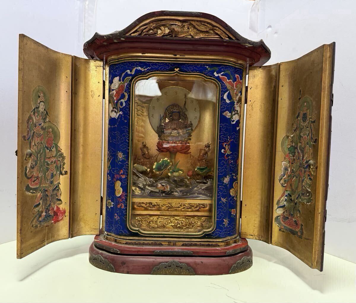 送料無料　明治期　木彫　彩色 准胝観音 厨子入　厨子高27ｃｍ　大珍品　仏教美術 古道具】【五】念持仏 『厨子入木造彩色准胝観音像』 准胝仏母 懐中仏