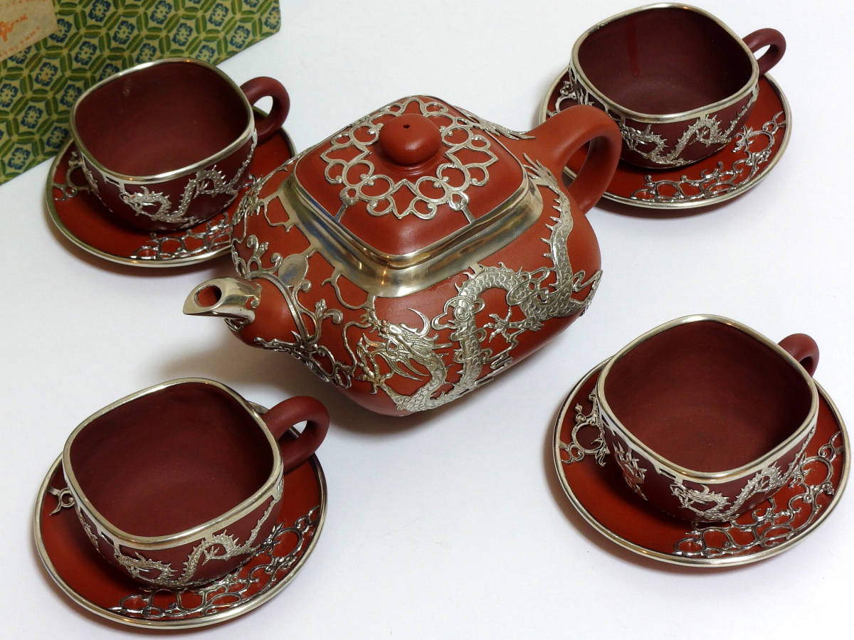 中国錫細工、茶器セット未使用品 （中国 宜興紫砂 龍紋錫嵌茶器