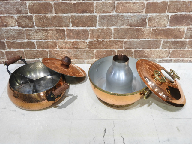 即決! 新光金属/植製作所 両手鍋/しゃぶしゃぶ鍋 20cm/24cm 銅製 2点