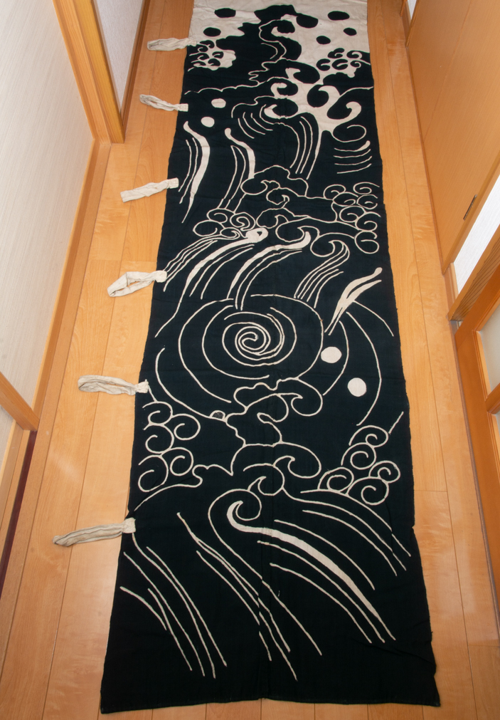 柿渋染め手描きのぼり旗リメイクワンピース （手描き幟 波 立浪
