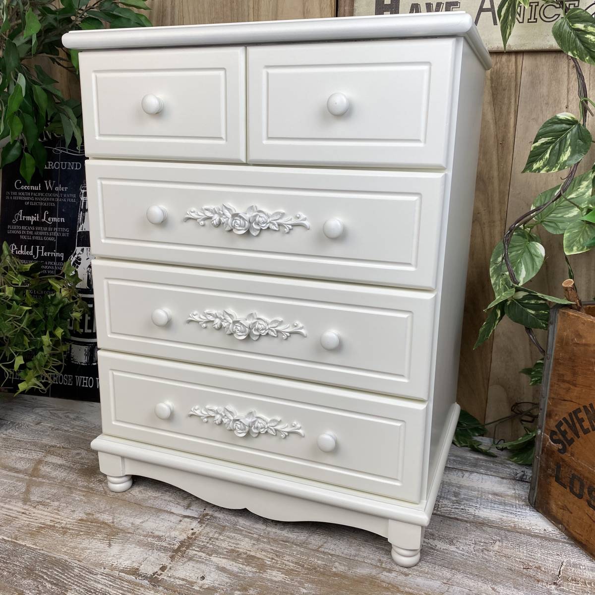 アンティーク チェスト 五段五つ引き 飾り棚 洋タンス 姫系 木製 収納