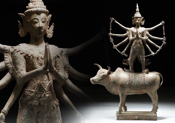 J281. 大振 ◇ 仏教彫刻美術 銅製 牛上シヴァ神像 高78.5cm 重量16.9kg