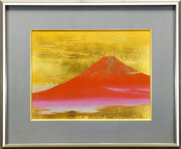 真作】【WISH】宮越鳳鳴 漆絵 赤富士風景 〇加賀金箔七宝工芸