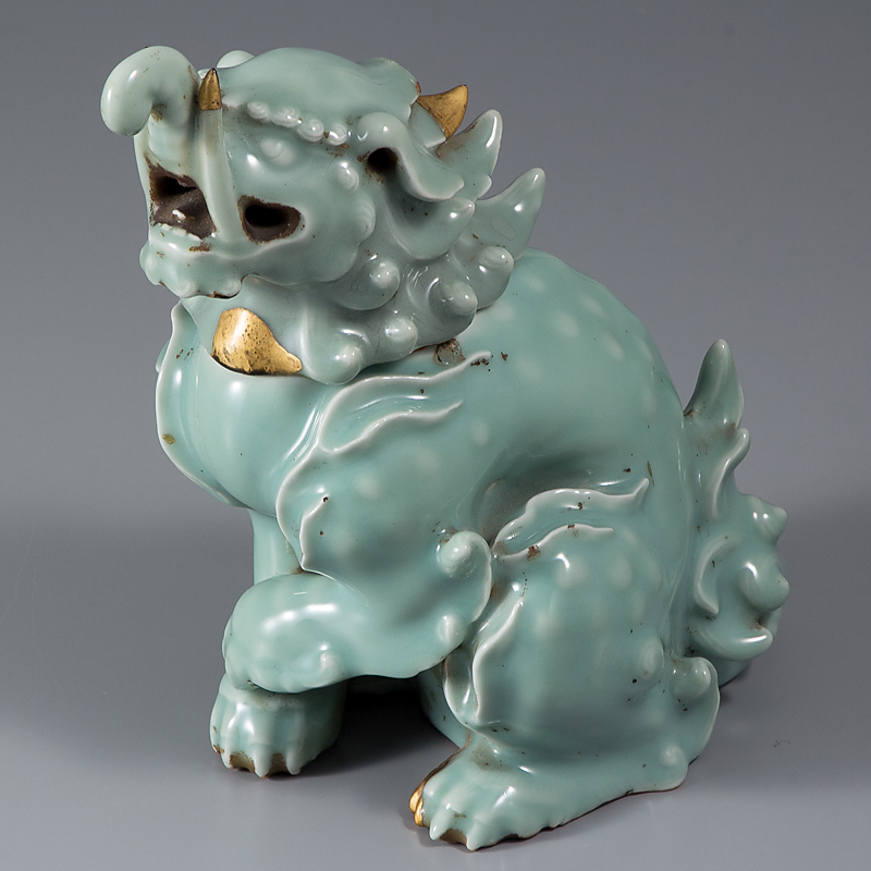 慶應◇江戸時代後期 後期鍋島 青磁玉乗り獅子置物 床置 鍋島青磁の優品！