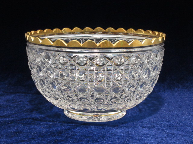 茶道家伝世品 オールドバカラ ダイヤモンドカット 縁金彩 菓子鉢 1935