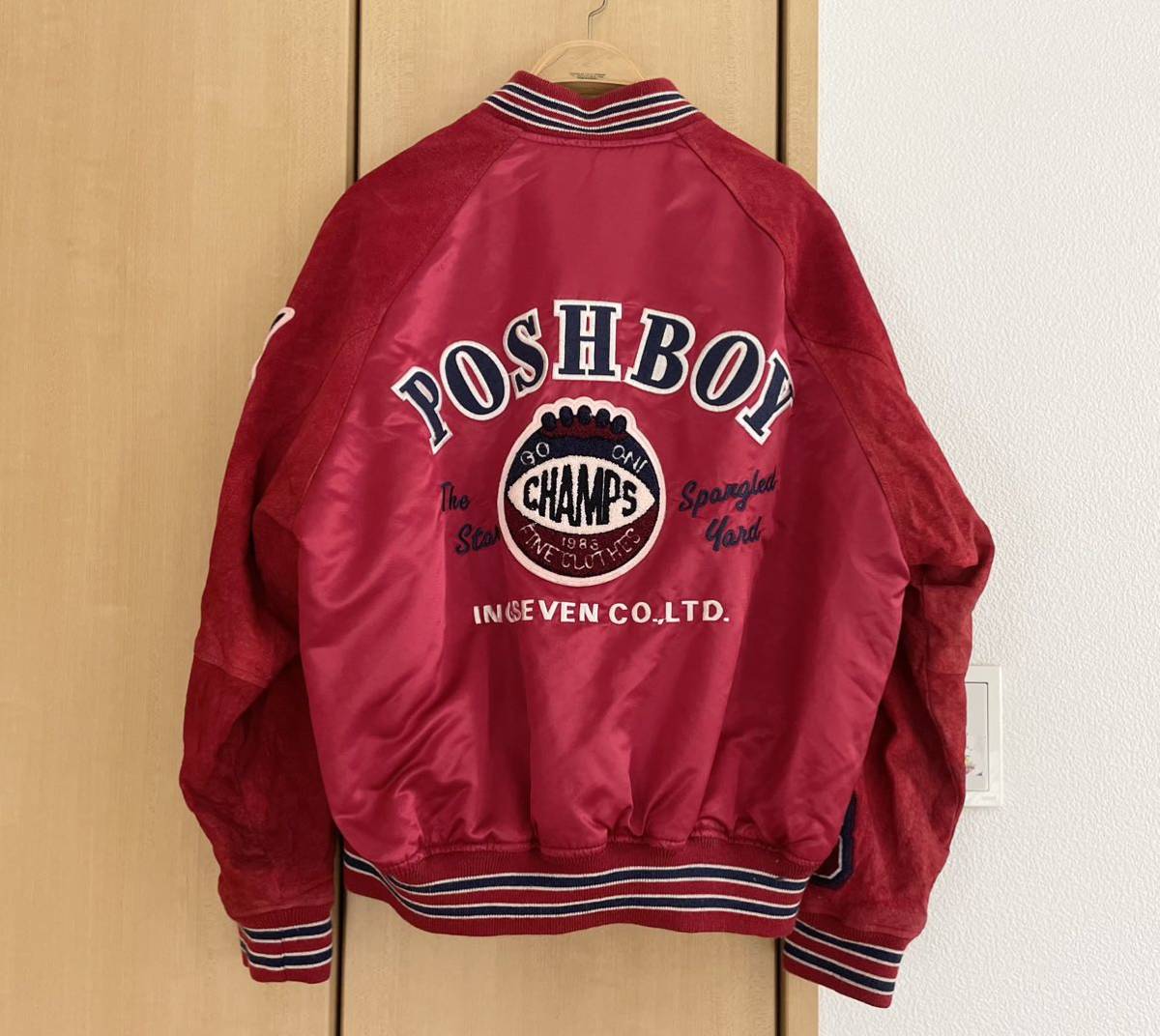 【やや傷や汚れあり】当時物 80s 90s POSHBOY ポッシュボーイ 袖革 スタジャン 刺繍 デカロゴ フルデコ セミデコ アワード