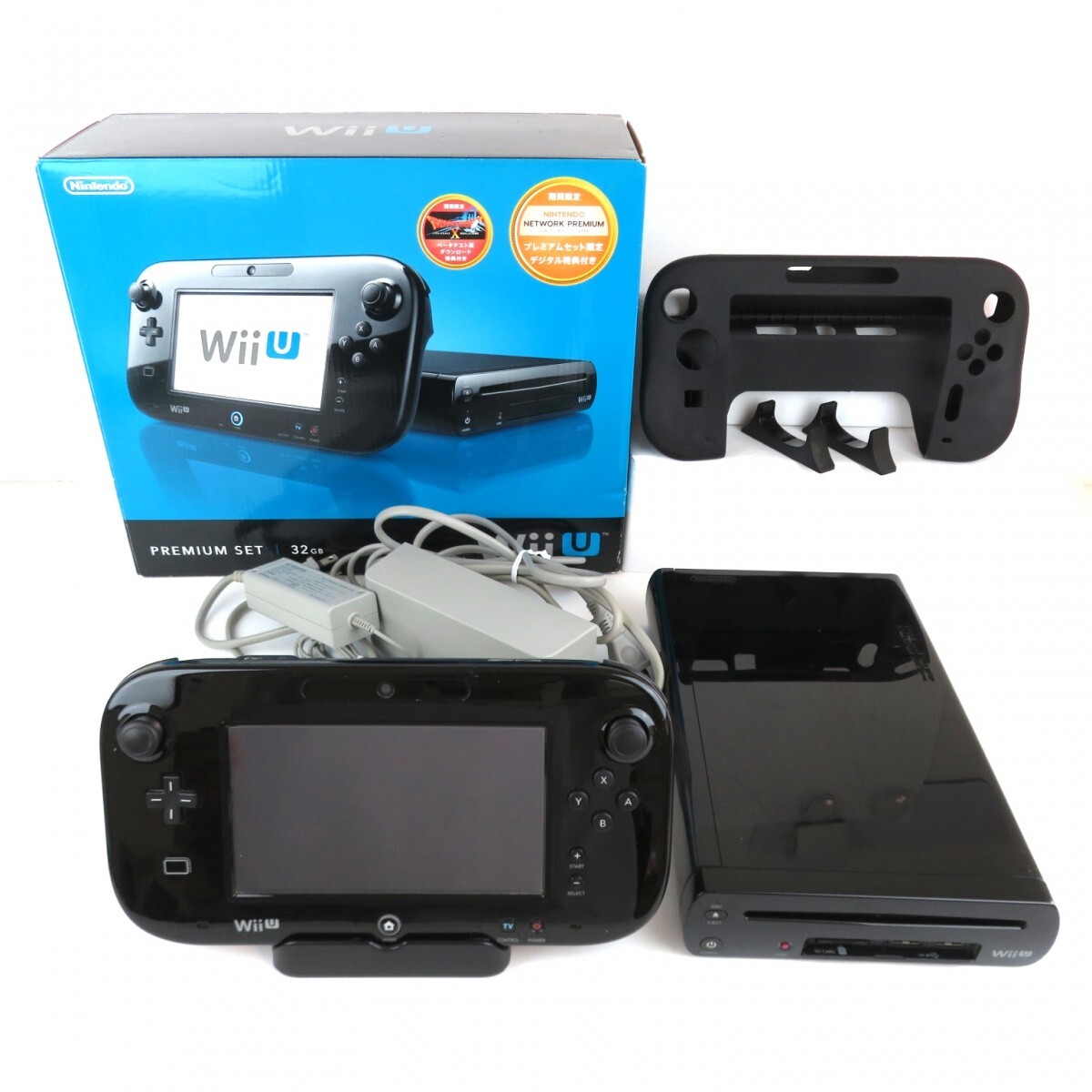 【中古】任天堂 Wii U プレミアムセット 本体 32GB WUP101 ブラック ゲームパッド WUP010 ACアダプター 縦置き