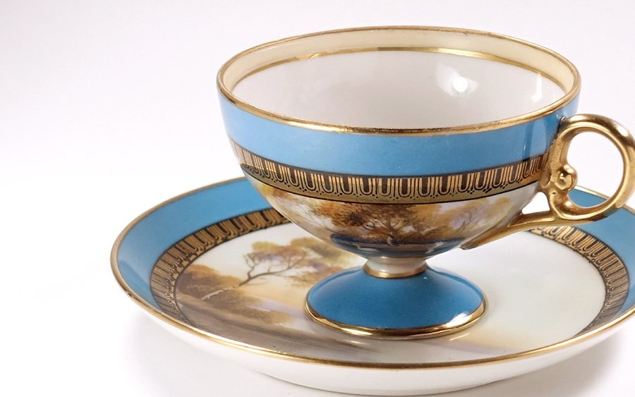 豪華装飾 オールドノリタケ 湖水風景文 カップ＆ソーサー 白鳥 トリオ 金彩