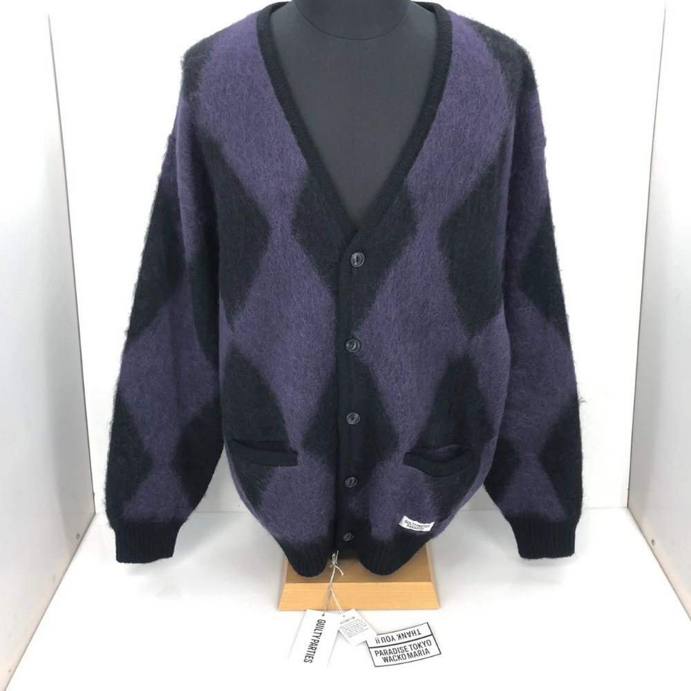 新品 23FW 紐解い ワコマリア レオパード モヘア カーディガン パープル L