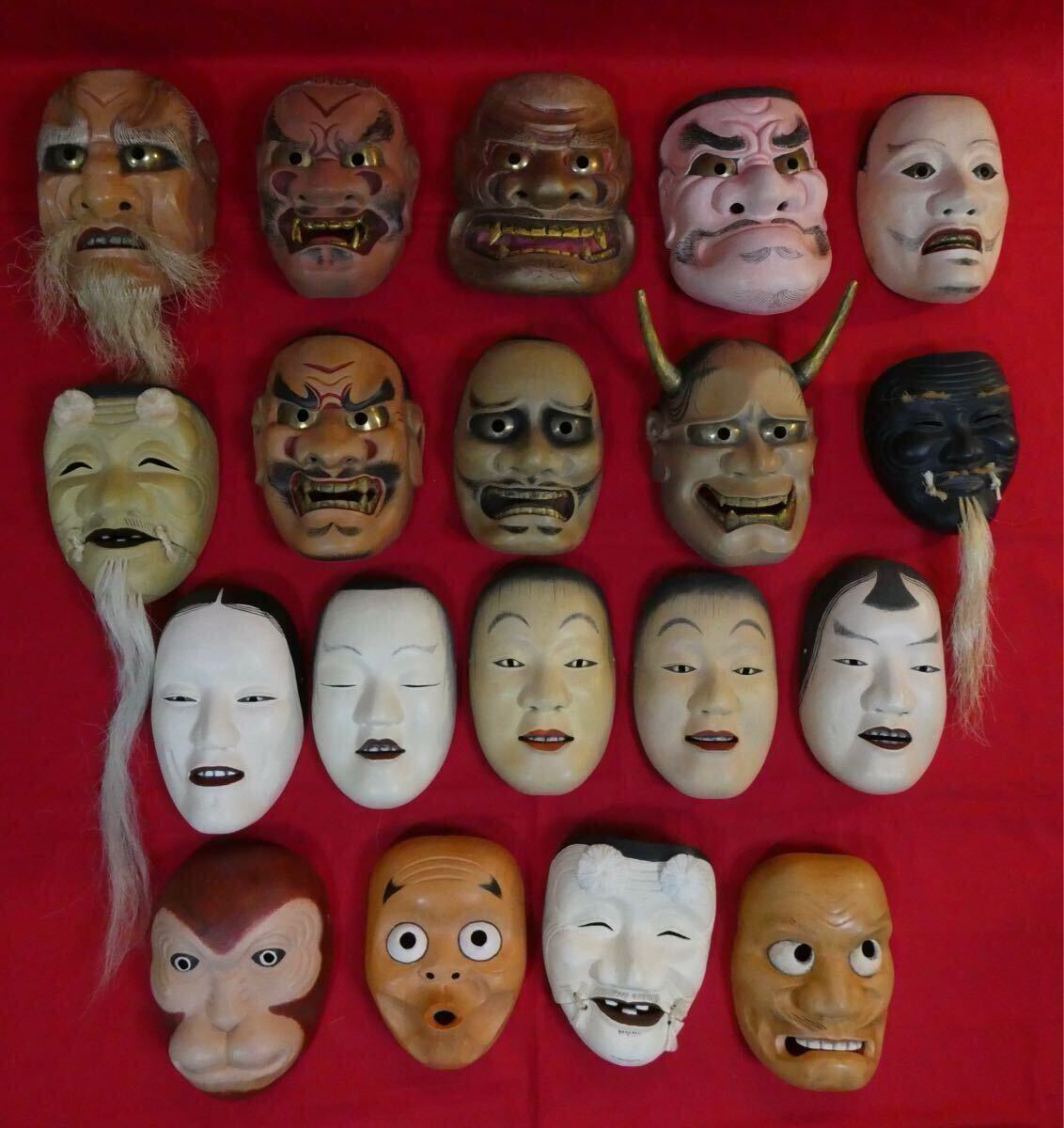 古美術品 木彫 能面 在銘有 神楽面 狂言面 時代箱付 時代 (
