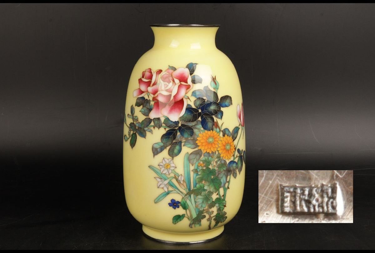 古玩 竹図七宝花瓶 ◇安藤七宝店 造 古代紋 有線七宝 小壷