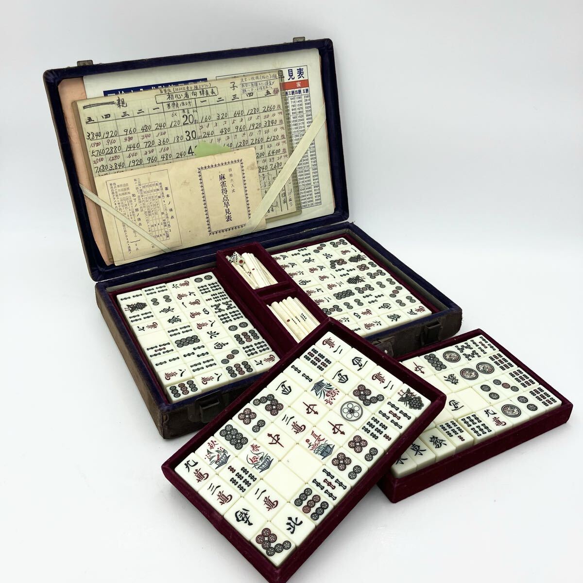 中古】C23A08A 牛骨 麻雀牌 竹背 上海項金記製 中国 張栄奉