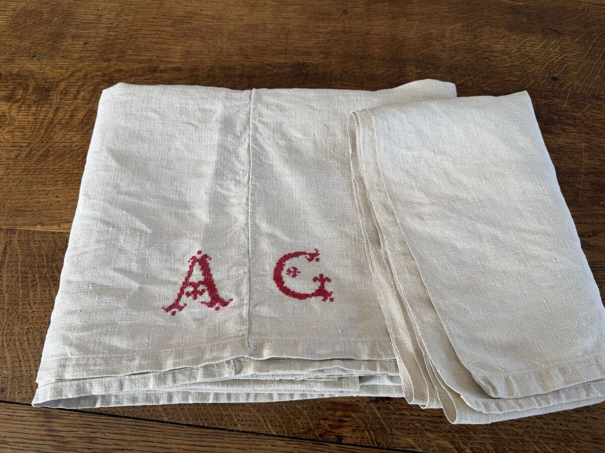 【美品】フランスアンティーク gBダマスクリネン 手刺繍モノグラム エプロン 美品】フランスアンティーク gBダマスクリネン 手刺繍モノグラム