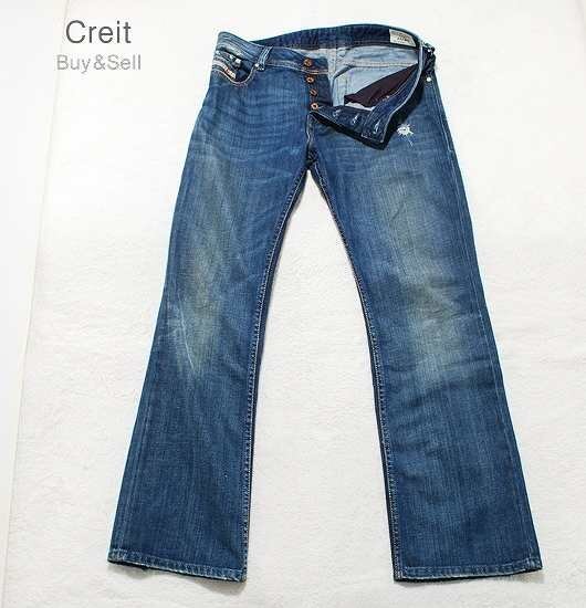 DIESEL ZATINY W30 部分本革ポケット ブーツカットデニムパンツ 濃紺