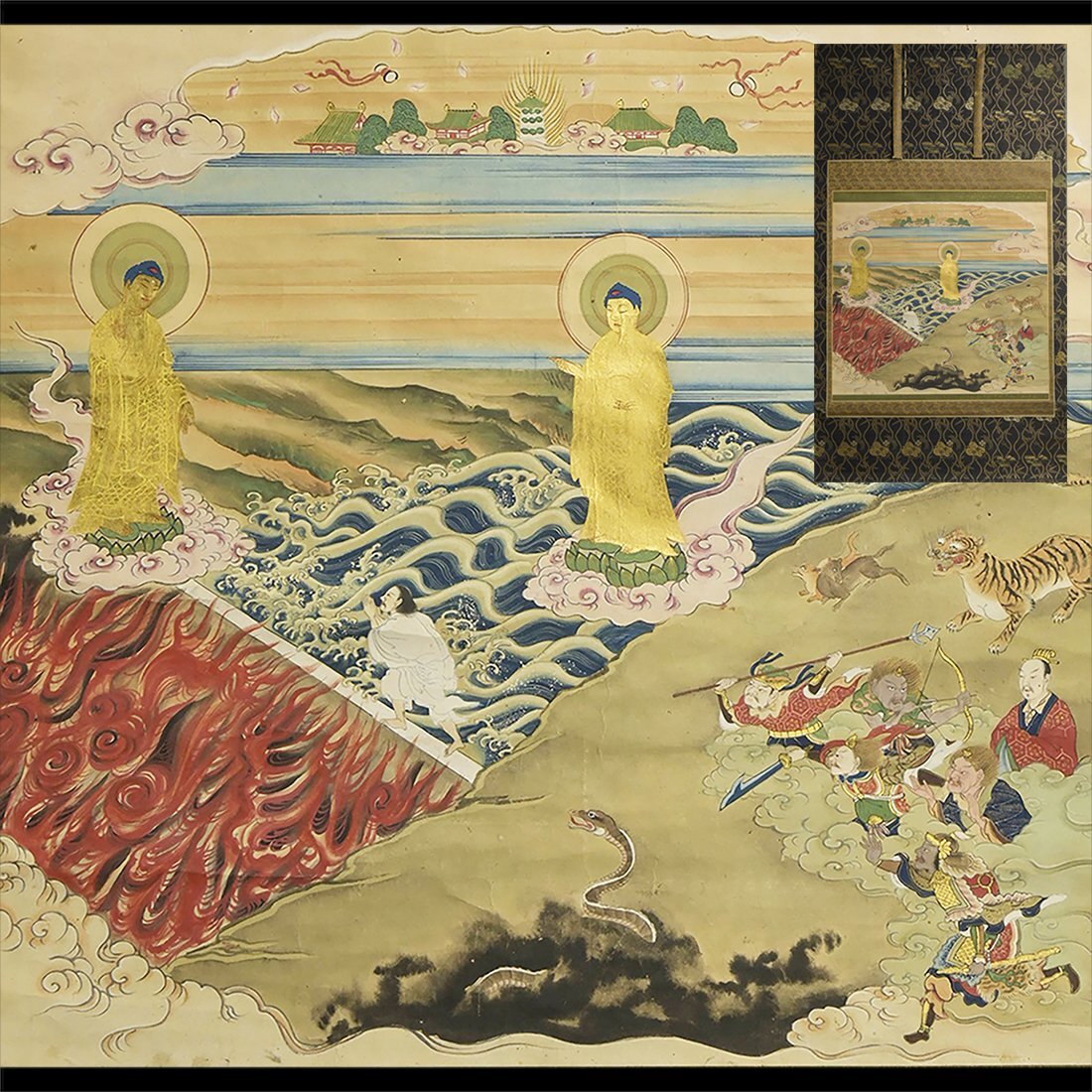 五】仏画 『二河白道図』 紙本 彩色 掛軸の落札情報詳細 - Yahoo