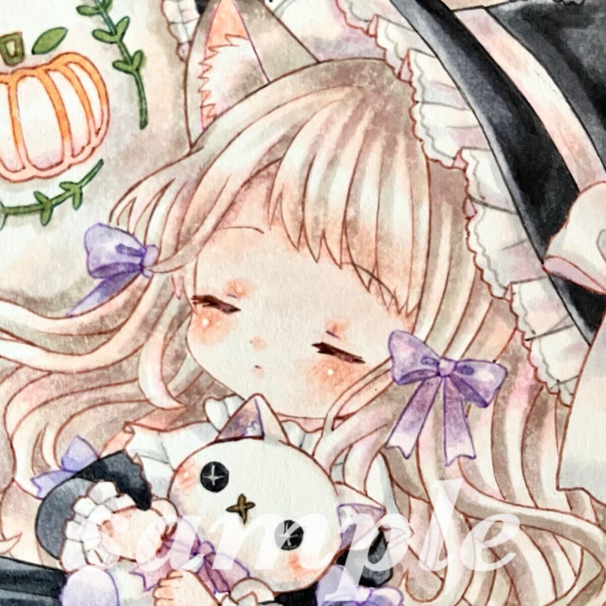 新品】手描きイラスト 可愛い ハロウィン 魔女と小さな小悪魔 美人