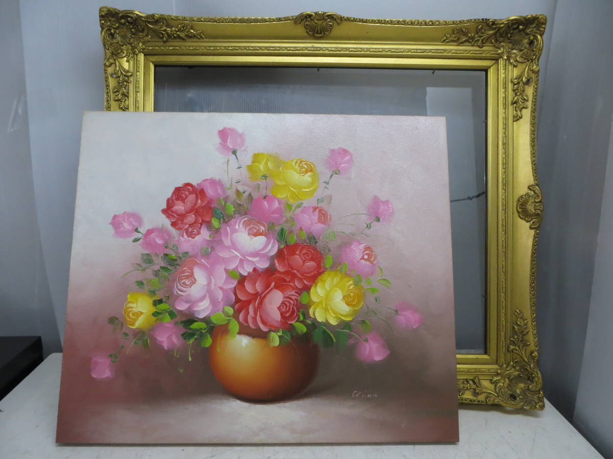 絵画 油絵 作者不詳 肉筆油絵 静物画 薔薇の花と花瓶 F10