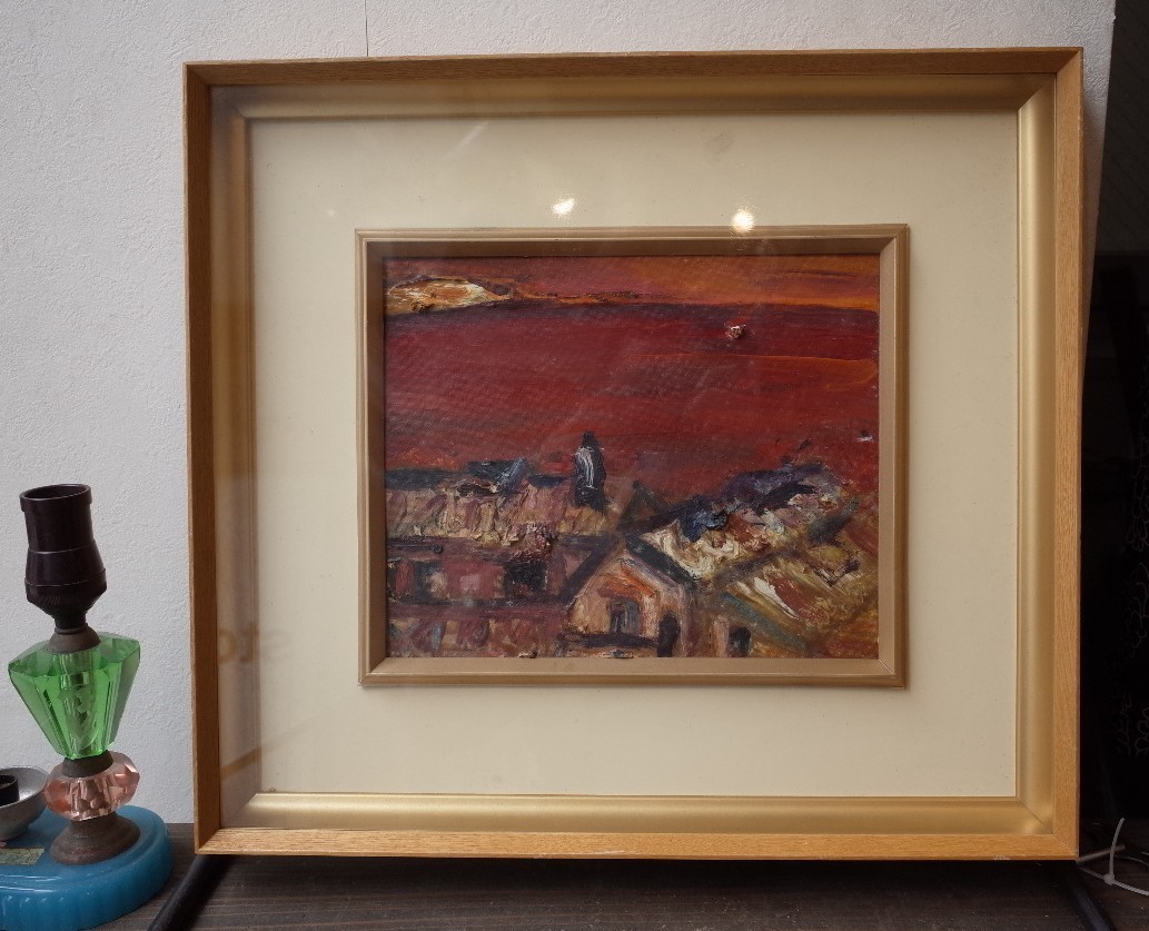 ○光風会 垂水風景 池吉彦/油彩 F3号 日展作家 岡山出身 古道具