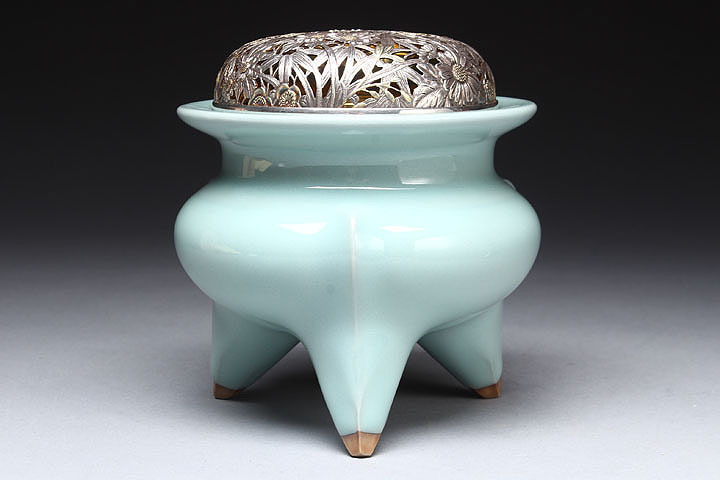 青磁 香炉 純銀火屋 三足香炉 銀火屋