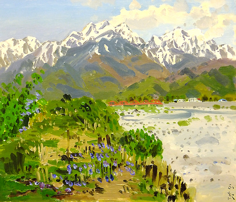 GLC】鈴木正紀 「北アルプス槍ヶ岳と高瀬川」 ◇一枚の絵取扱・油彩10