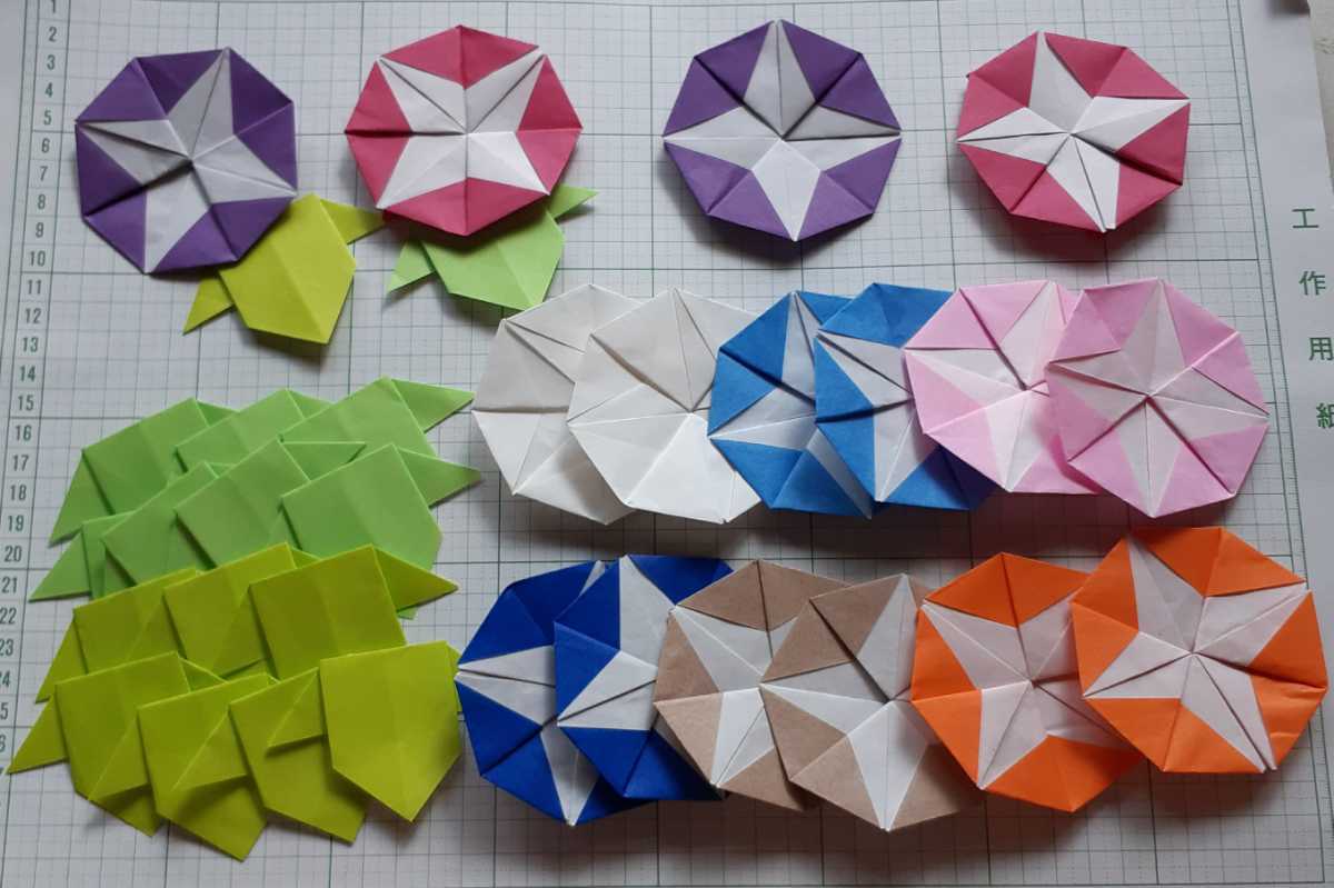 折り紙 あさがお9コ 葉っぱ9枚 おりがみ 壁面飾り 夏の花 朝顔 ハンドメイド 超ポイント祭 期間限定