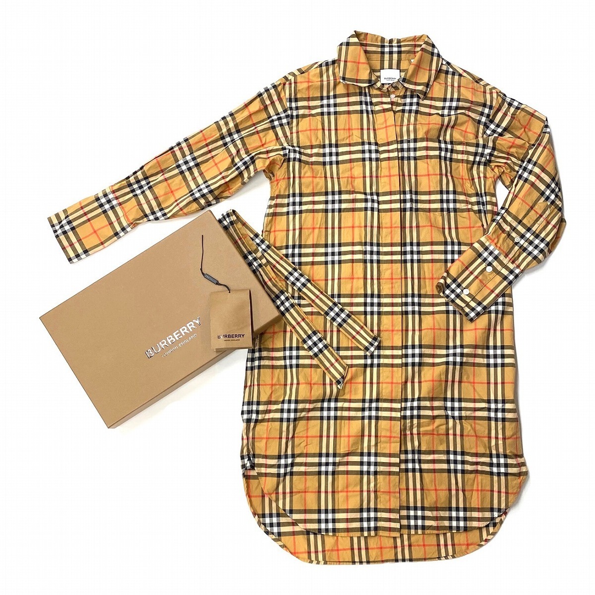 中古 Burberry シャツワンピース ロング丈 アンティークイエロー チェック ベージュカラー チュニック バーバリー の落札情報詳細 ヤフオク落札価格情報 オークフリー スマートフォン版