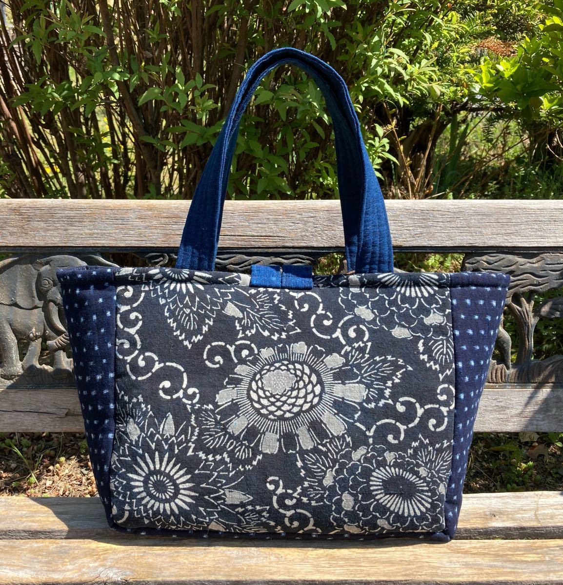 chibisix○○ハンドメイド 古布 バッグ○○型染め 絣 トート