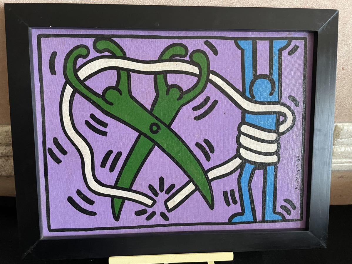 【模写】 額付き キース・ヘリング KEITH HARING 油彩 厚紙 模写】 額装付き キース・ヘリング KEITH HARING 油彩 厚紙