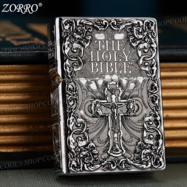 【未使用】【新品】THE HOLY BIBLE 聖書デザイン フルメタルジャケットオイルライター ZORRO 銀 zippo同型 本 ブック