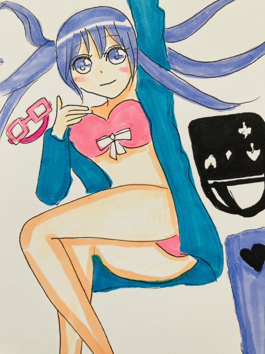未使用】手描きイラスト オリジナル ツインテール 水着 寝転がるの落札