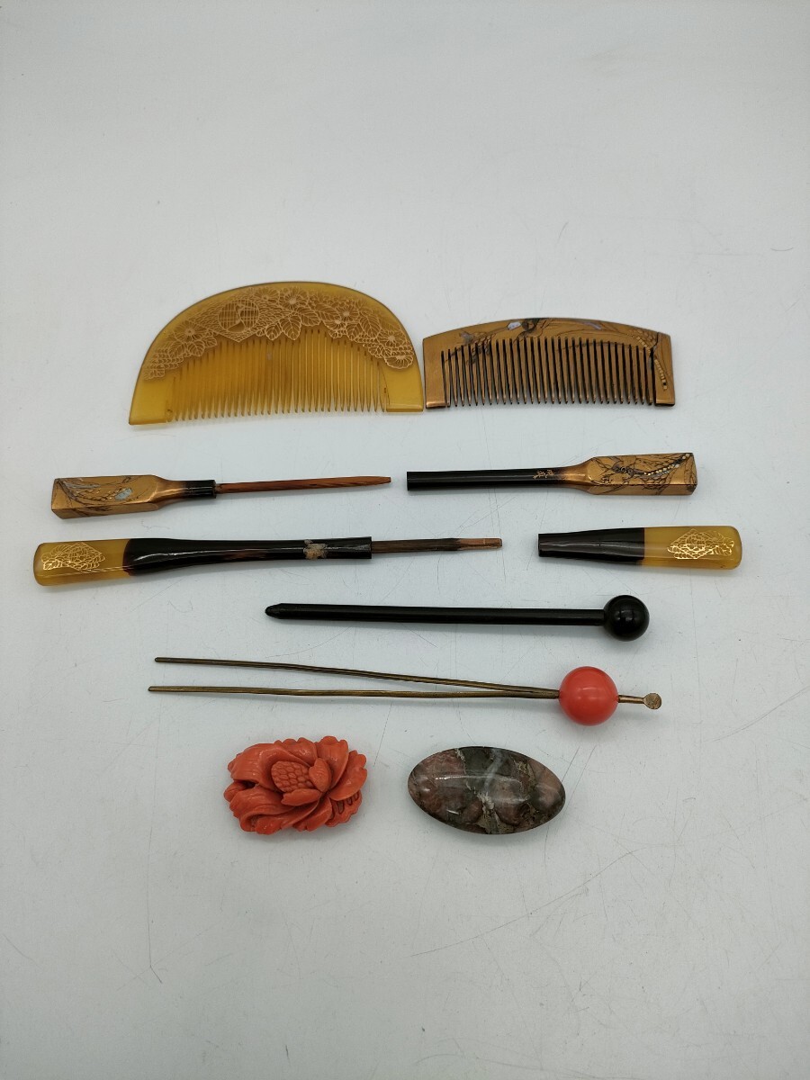 奈良甚】本鼈甲 珊瑚 螺鈿 櫛簪 アンティーク 和装 髪飾り(和装 奈良甚】本鼈甲 珊瑚 螺鈿 櫛簪 アンティーク 和装 髪飾り(和装