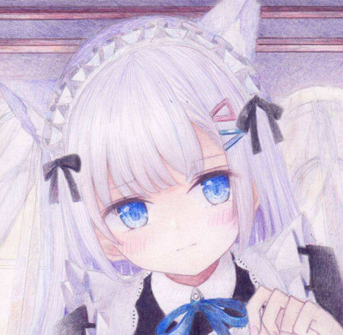 オリジナル 同人手描きイラスト 「黒髪ロングの猫メイドさん」 小色紙