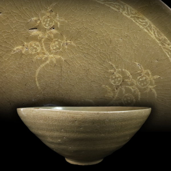 CU722 時代物 珠光青磁茶碗・青磁陰刻花文珠光茶碗 外径18.7cm・珠光