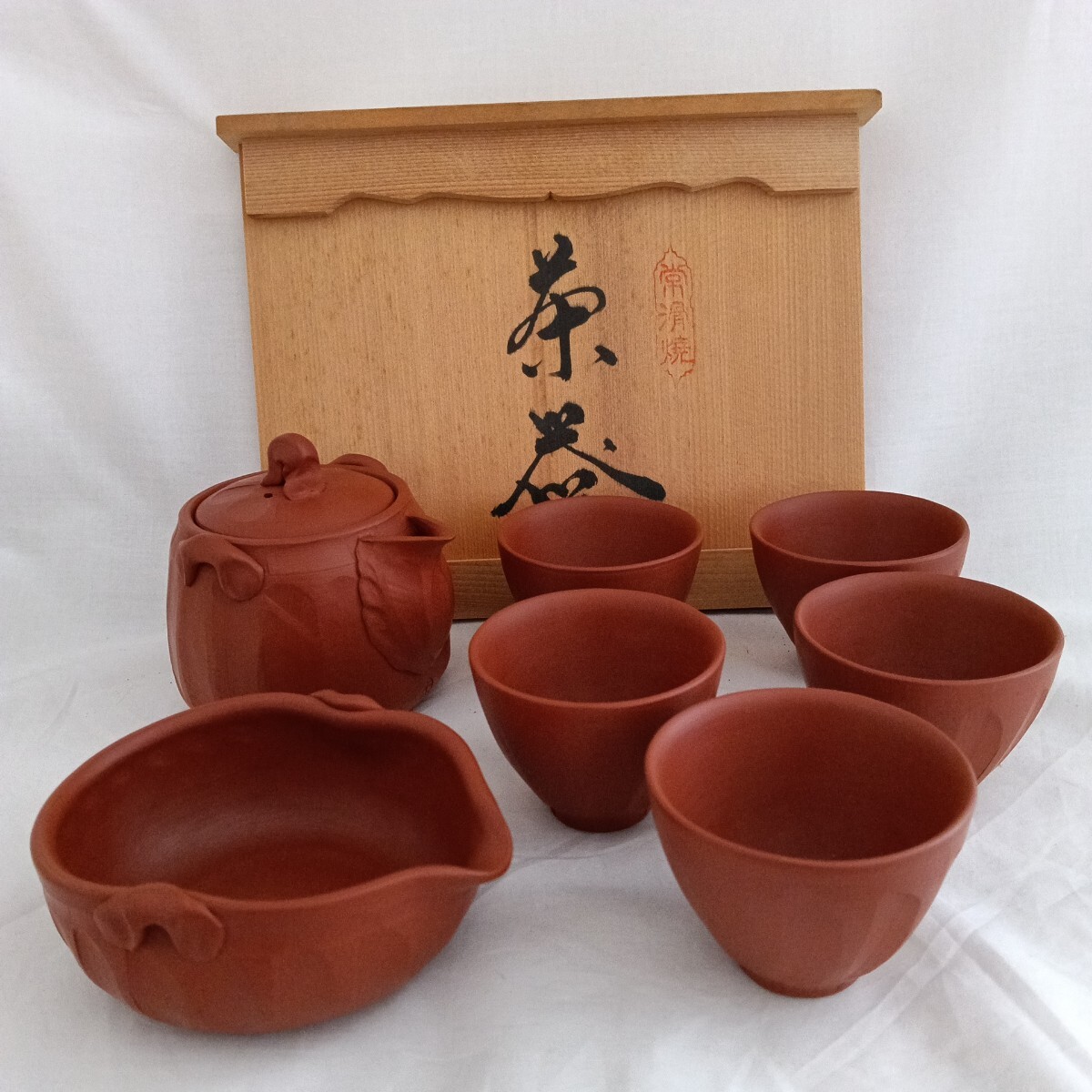 未使用】□ 未使用 名工 杉江陶寿 常滑焼 朱泥 木目文 遊環付 双耳 朱