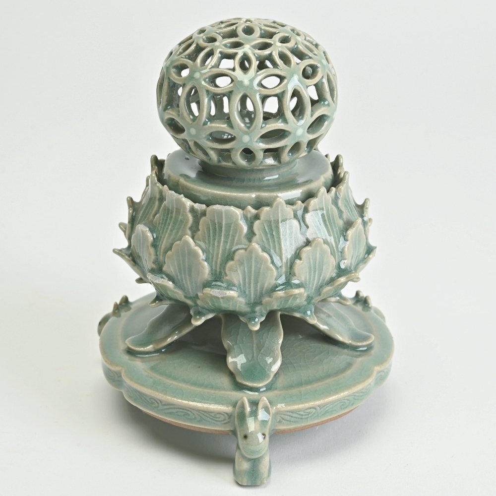 美品】 高麗青磁 海津作 壺 大花器 花入れ 花瓶 置物 陶器 網透かし