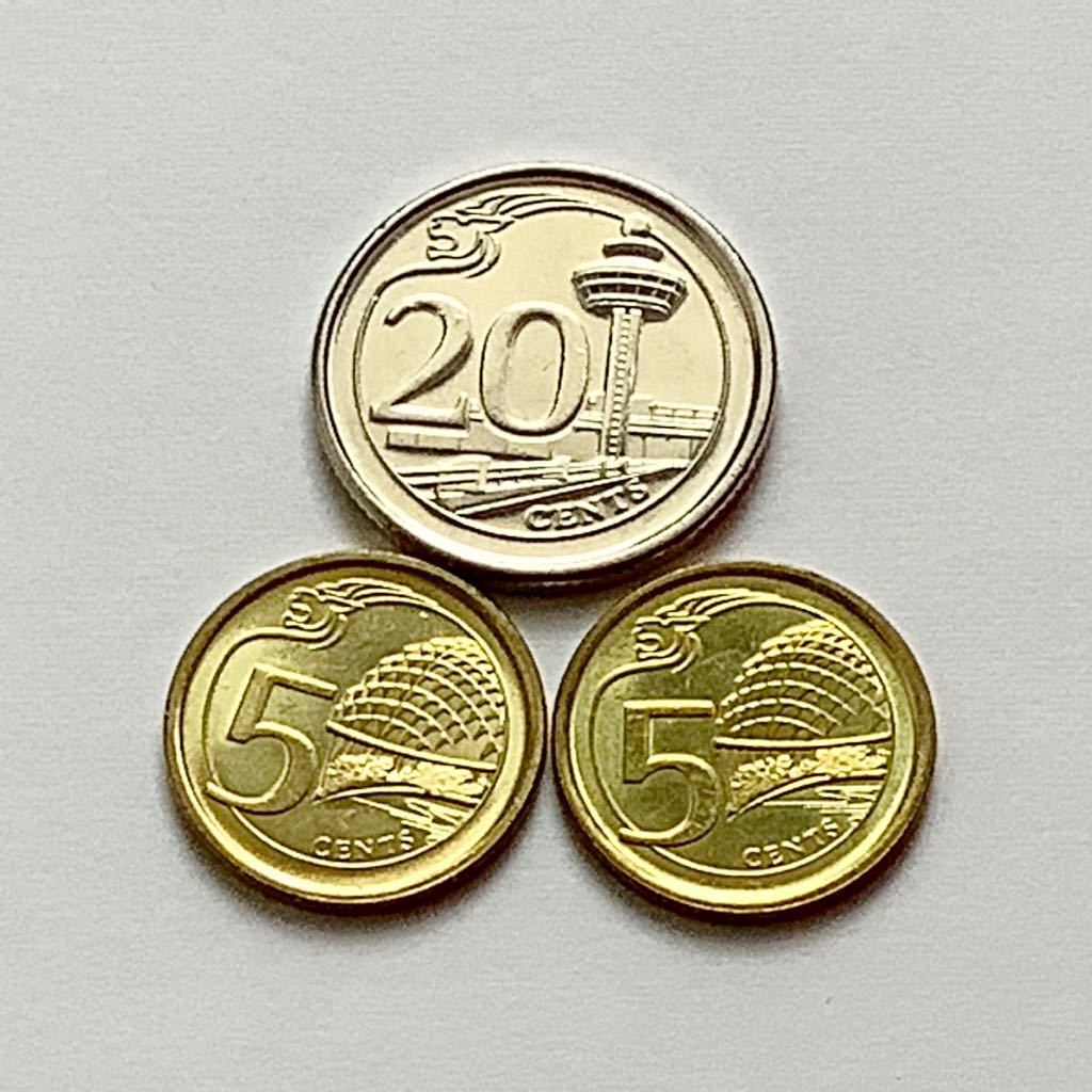 希少品セール】シンガポール 新デザイン20セント硬貨1枚、新デザイン5